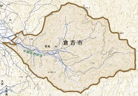 栗尾とその周辺の地図。町の範囲を重ねている