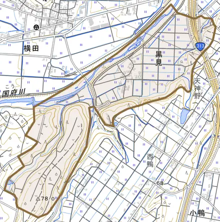 黒見とその周辺の地図。町の範囲を重ねている