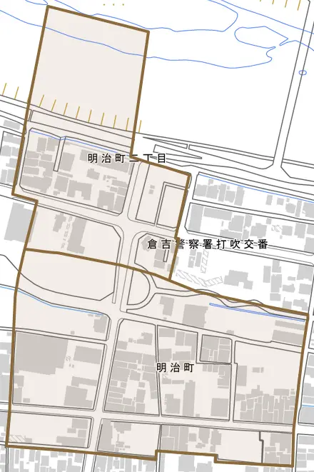 明治町とその周辺の地図。町の範囲を重ねている