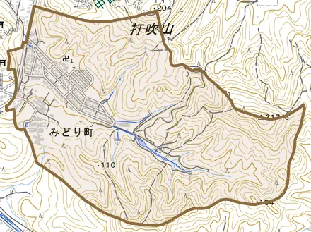 みどり町とその周辺の地図。町の範囲を重ねている