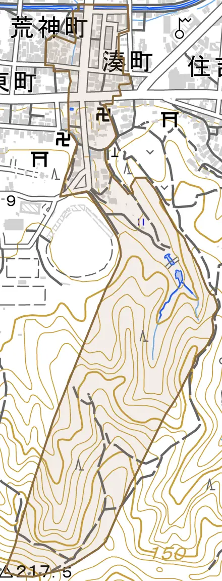 湊町とその周辺の地図。町の範囲を重ねている