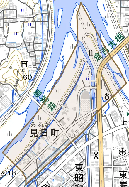 見日町とその周辺の地図。町の範囲を重ねている
