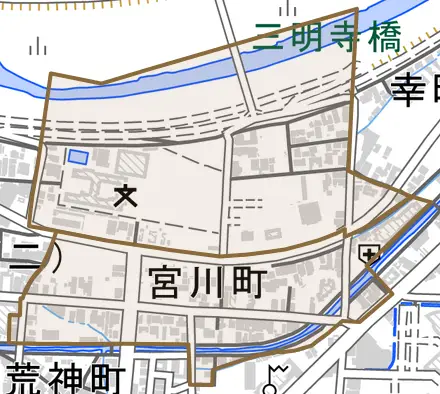 宮川町とその周辺の地図。町の範囲を重ねている