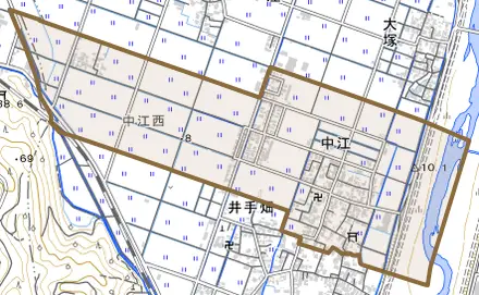 中江とその周辺の地図。町の範囲を重ねている
