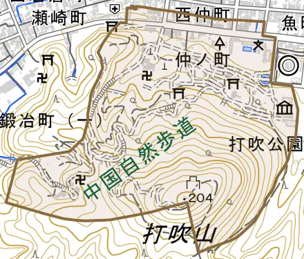 仲ノ町とその周辺の地図。町の範囲を重ねている