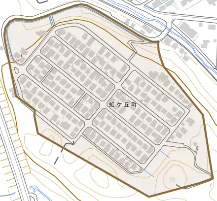 虹ケ丘町とその周辺の地図。町の範囲を重ねている