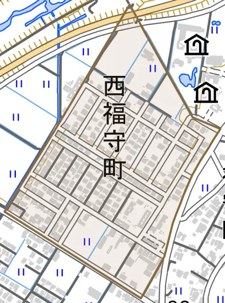 西福守町とその周辺の地図。町の範囲を重ねている