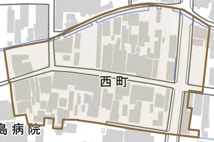 西町とその周辺の地図。町の範囲を重ねている