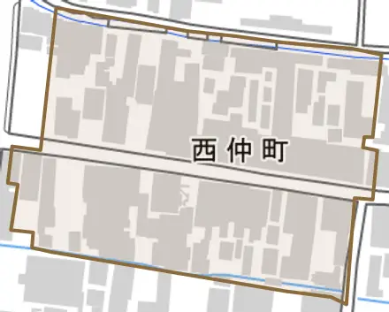 西仲町とその周辺の地図。町の範囲を重ねている