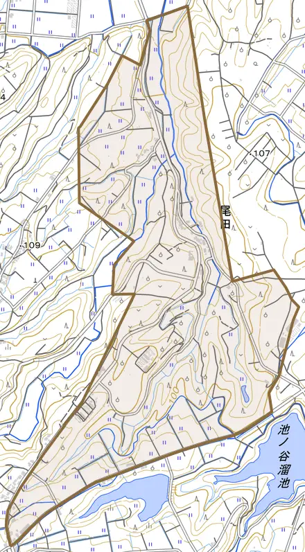 尾田とその周辺の地図。町の範囲を重ねている
