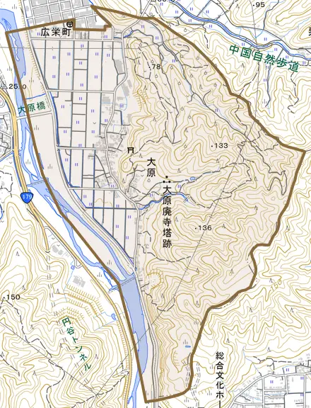 大原とその周辺の地図。町の範囲を重ねている