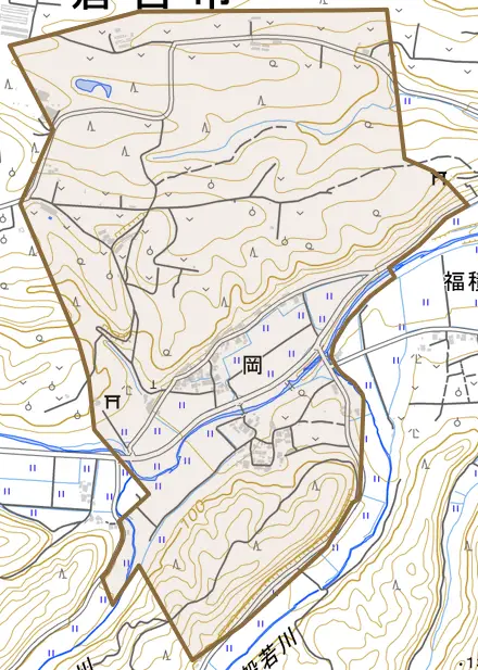 岡とその周辺の地図。町の範囲を重ねている