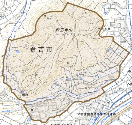 大谷とその周辺の地図。町の範囲を重ねている