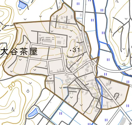 大谷茶屋とその周辺の地図。町の範囲を重ねている
