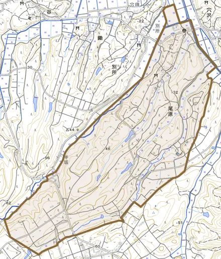 尾原とその周辺の地図。町の範囲を重ねている
