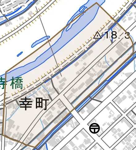 幸町とその周辺の地図。町の範囲を重ねている