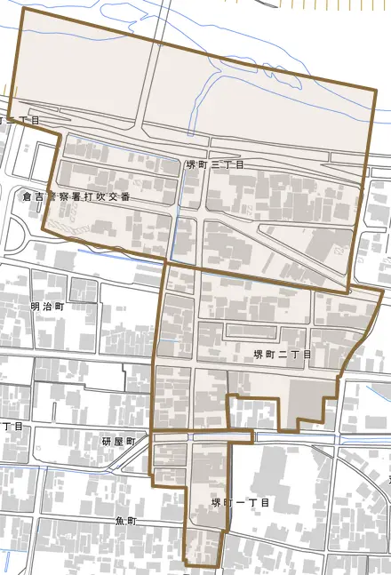 堺町とその周辺の地図。町の範囲を重ねている