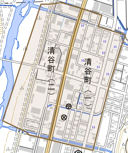 清谷町とその周辺の地図。町の範囲を重ねている