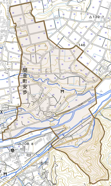関金町安歩とその周辺の地図。町の範囲を重ねている