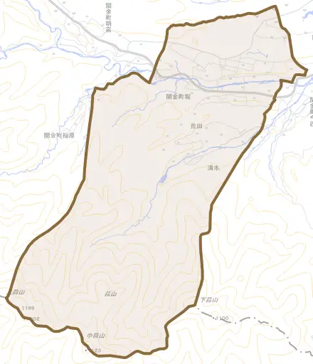 関金町堀とその周辺の地図。町の範囲を重ねている