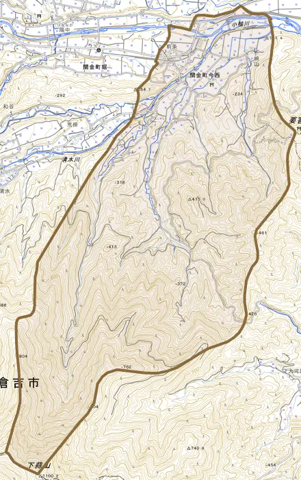 関金町今西とその周辺の地図。町の範囲を重ねている