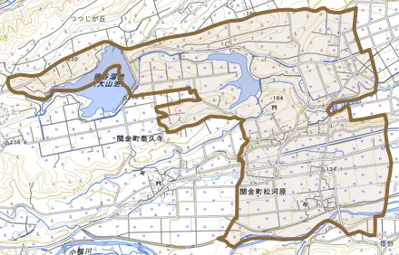 関金町松河原とその周辺の地図。町の範囲を重ねている