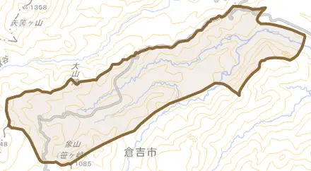 関金町野添とその周辺の地図。町の範囲を重ねている