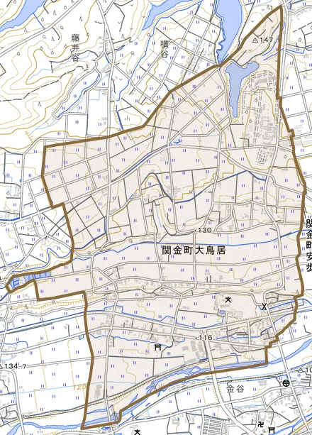 関金町大鳥居とその周辺の地図。町の範囲を重ねている