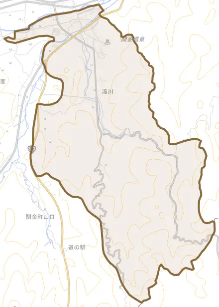 関金町関金宿とその周辺の地図。町の範囲を重ねている