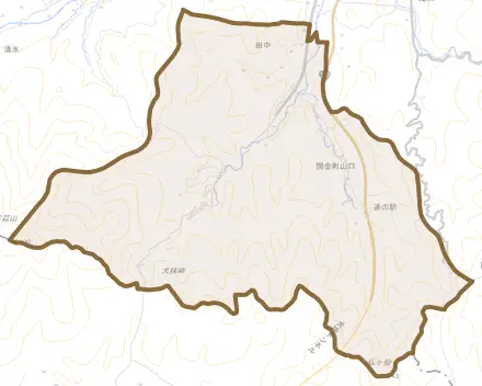 関金町山口とその周辺の地図。町の範囲を重ねている