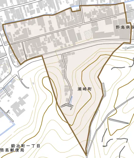 瀬崎町とその周辺の地図。町の範囲を重ねている