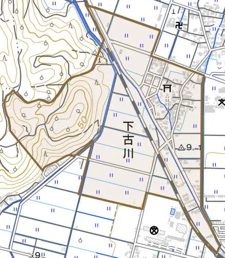 下古川とその周辺の地図。町の範囲を重ねている