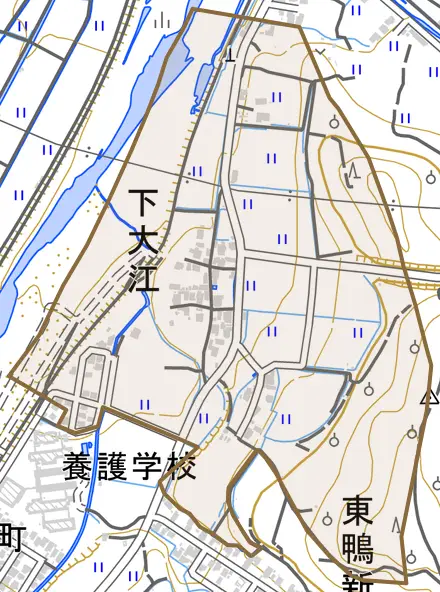 下大江とその周辺の地図。町の範囲を重ねている