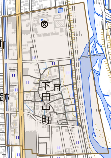 下田中町とその周辺の地図。町の範囲を重ねている