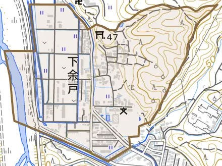 下余戸とその周辺の地図。町の範囲を重ねている