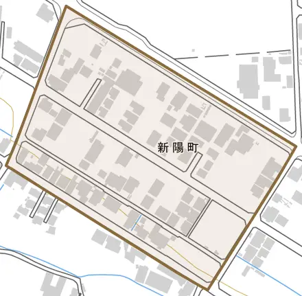 新陽町とその周辺の地図。町の範囲を重ねている