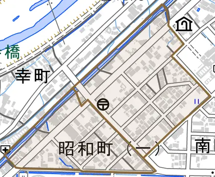 昭和町とその周辺の地図。町の範囲を重ねている