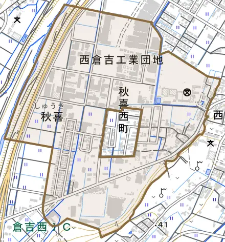 秋喜とその周辺の地図。町の範囲を重ねている