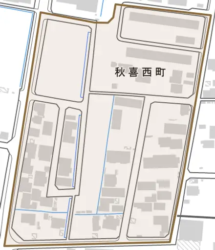秋喜西町とその周辺の地図。町の範囲を重ねている
