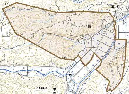 杉野とその周辺の地図。町の範囲を重ねている