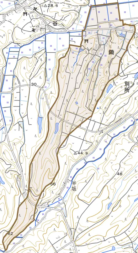 鋤とその周辺の地図。町の範囲を重ねている