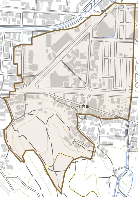 住吉町とその周辺の地図。町の範囲を重ねている