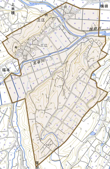 三江とその周辺の地図。町の範囲を重ねている