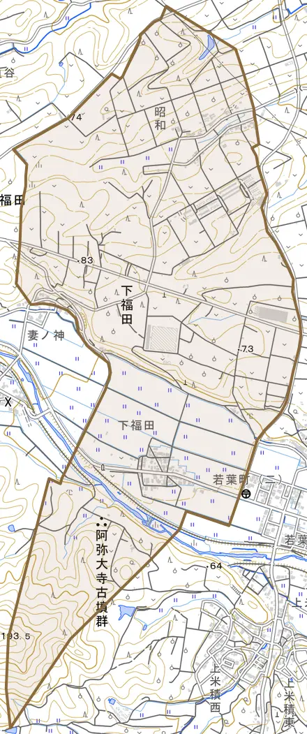 下福田とその周辺の地図。町の範囲を重ねている