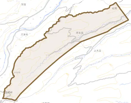 河来見とその周辺の地図。町の範囲を重ねている