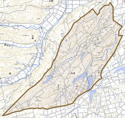 志津とその周辺の地図。町の範囲を重ねている