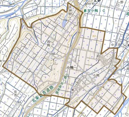 小鴨とその周辺の地図。町の範囲を重ねている