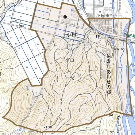 小田とその周辺の地図。町の範囲を重ねている