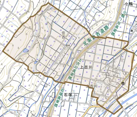 上古川とその周辺の地図。町の範囲を重ねている