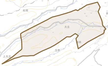 大立とその周辺の地図。町の範囲を重ねている